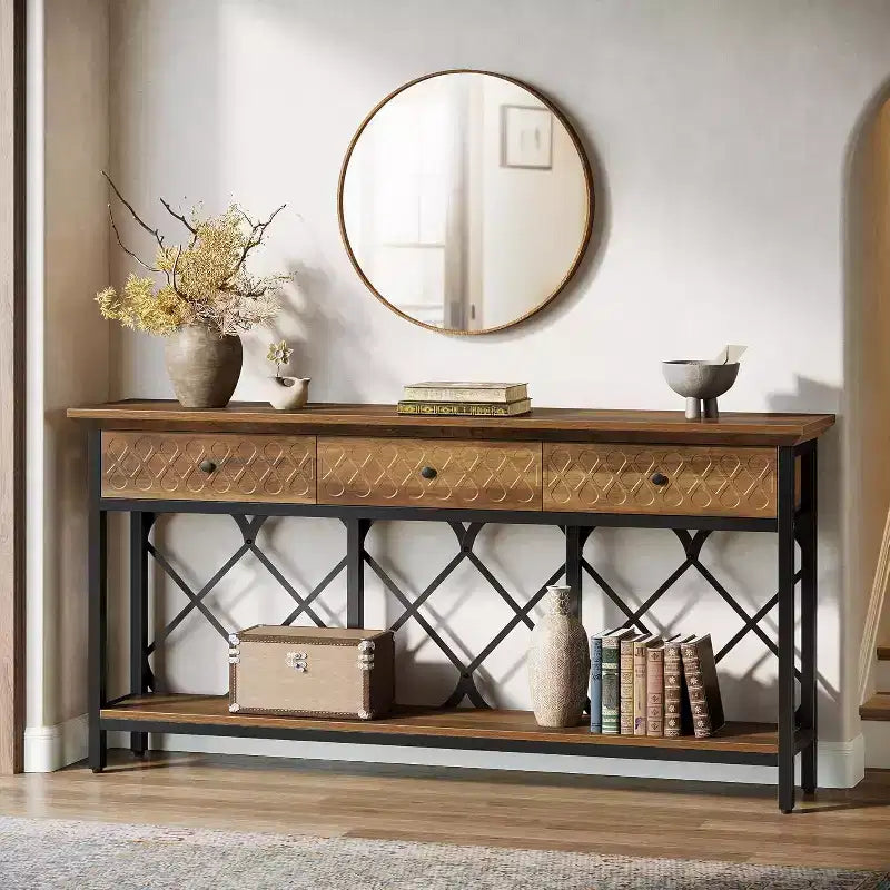 Table console extra longue de 180 cm avec 3 tiroirs, table d'entrée industrielle étroite à 2 niveaux pour salon, couloir