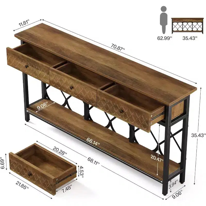 Table console extra longue de 180 cm avec 3 tiroirs, table d'entrée industrielle étroite à 2 niveaux pour salon, couloir
