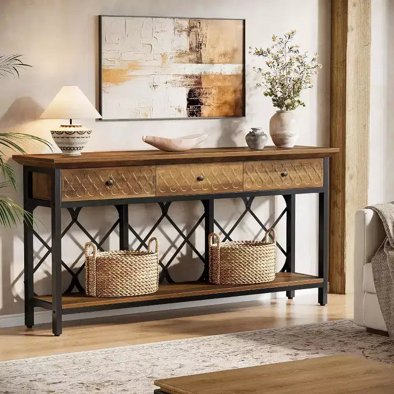 Table console extra longue de 180 cm avec 3 tiroirs, table d'entrée industrielle étroite à 2 niveaux pour salon, couloir