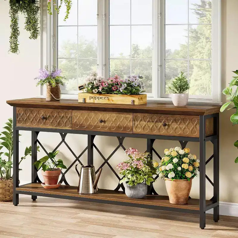 Table console extra longue de 180 cm avec 3 tiroirs, table d'entrée industrielle étroite à 2 niveaux pour salon, couloir