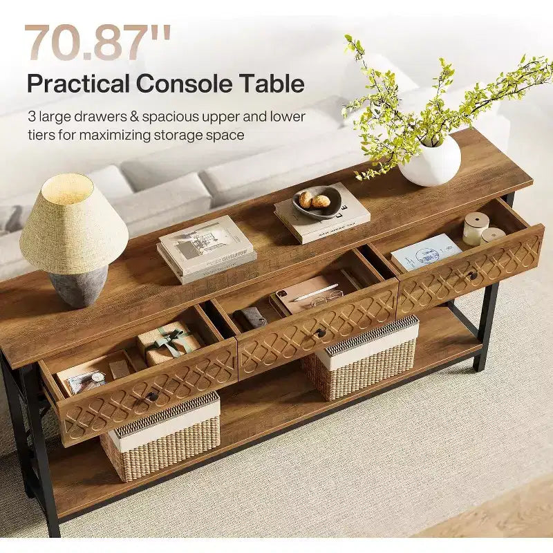 Table console extra longue de 180 cm avec 3 tiroirs, table d'entrée industrielle étroite à 2 niveaux pour salon, couloir