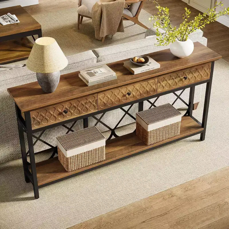 Table console extra longue de 180 cm avec 3 tiroirs, table d'entrée industrielle étroite à 2 niveaux pour salon, couloir