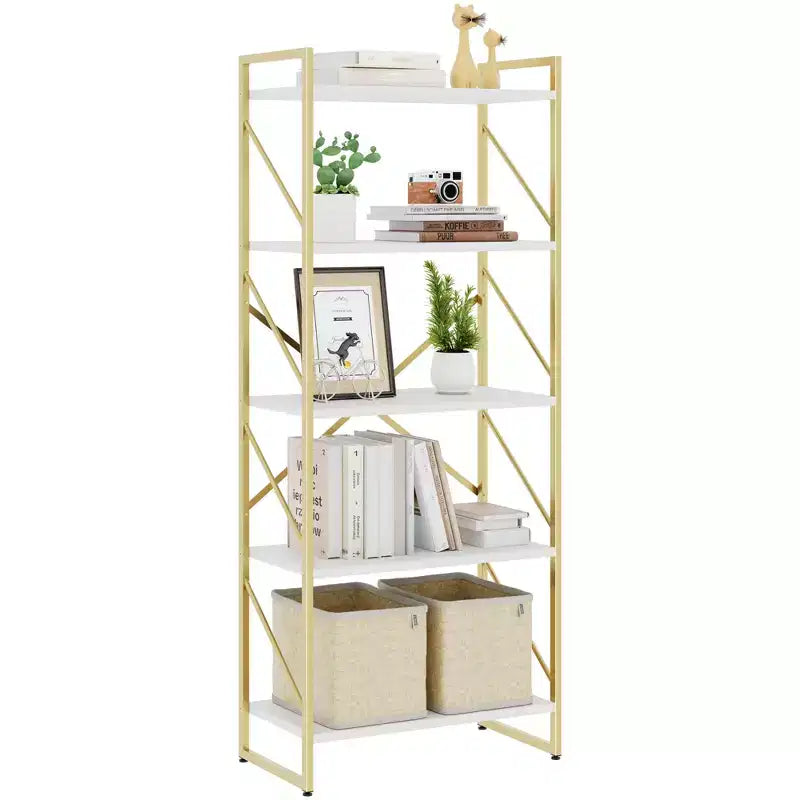 Bibliothèque haute à 5 niveaux en bois avec cadre métallique, 158 cm (H) x 60 cm (l), Étagère à livres moderne pour bureau à domicile