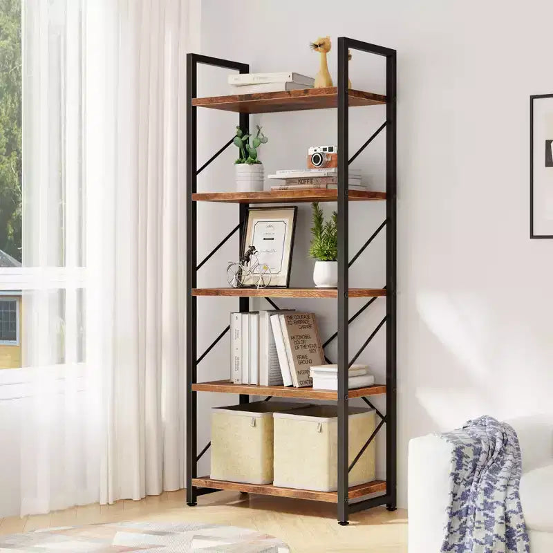 Bibliothèque haute à 5 niveaux en bois avec cadre métallique, 158 cm (H) x 60 cm (l), Étagère à livres moderne pour bureau à domicile