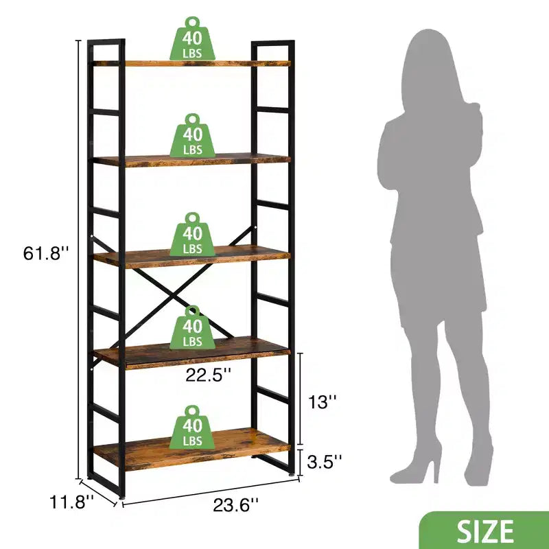 Bibliothèque haute à 5 niveaux en bois avec cadre métallique, 158 cm (H) x 60 cm (l), Étagère à livres moderne pour bureau à domicile