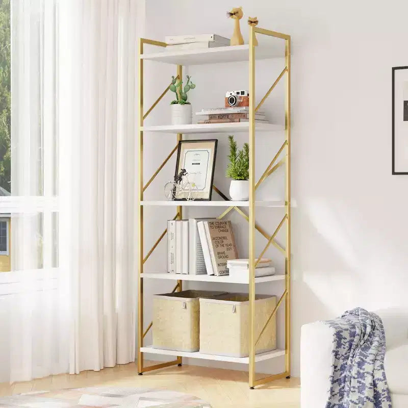 Bibliothèque haute à 5 niveaux en bois avec cadre métallique, 158 cm (H) x 60 cm (l), Étagère à livres moderne pour bureau à domicile