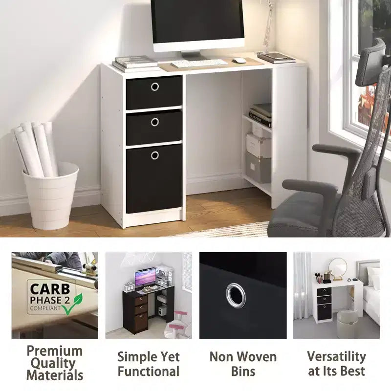 Bureau informatique 39", bureau d'étude et d'écriture avec 3 bacs de rangement et étagères ouvertes