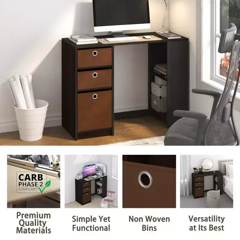 Bureau informatique 39", bureau d'étude et d'écriture avec 3 bacs de rangement et étagères ouvertes