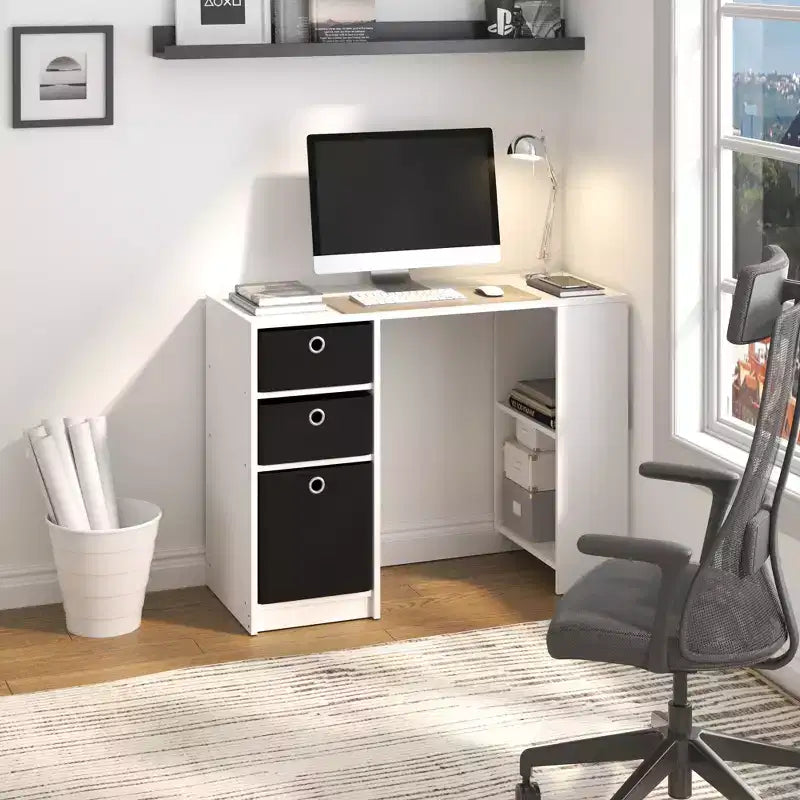Bureau informatique 39", bureau d'étude et d'écriture avec 3 bacs de rangement et étagères ouvertes