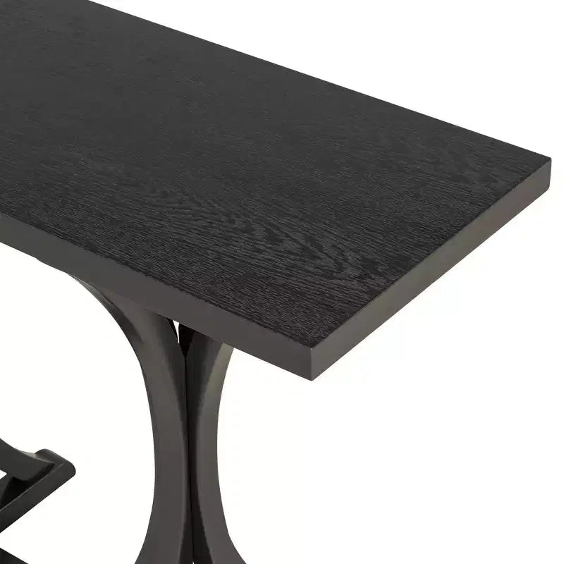 Table console en bois de 59,8 po avec plateau en placage de chêne, pieds incurvés en hévéa, noir