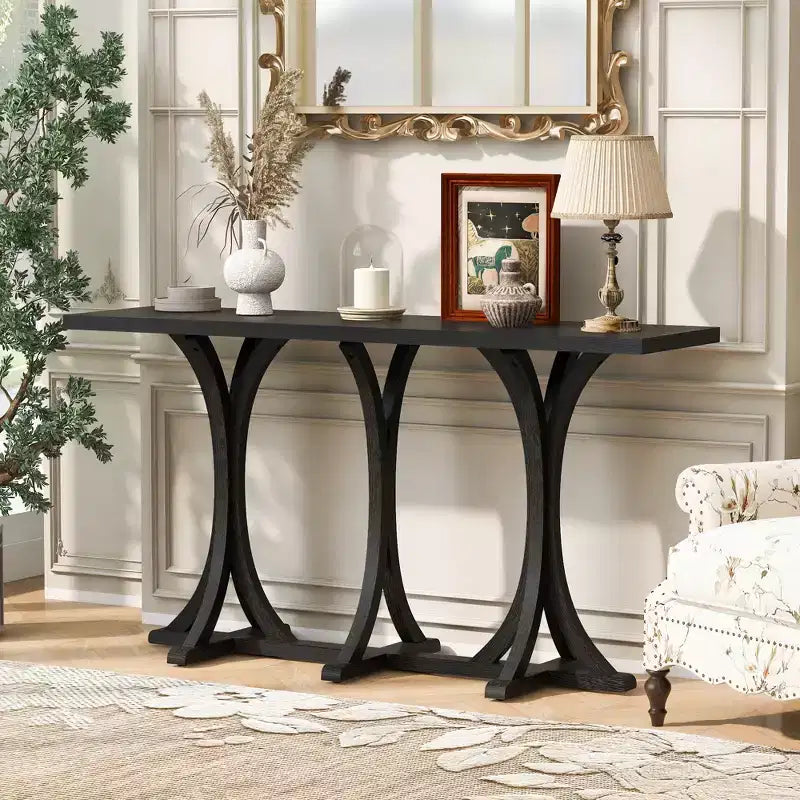 Table console en bois de 59,8 po avec plateau en placage de chêne, pieds incurvés en hévéa, noir