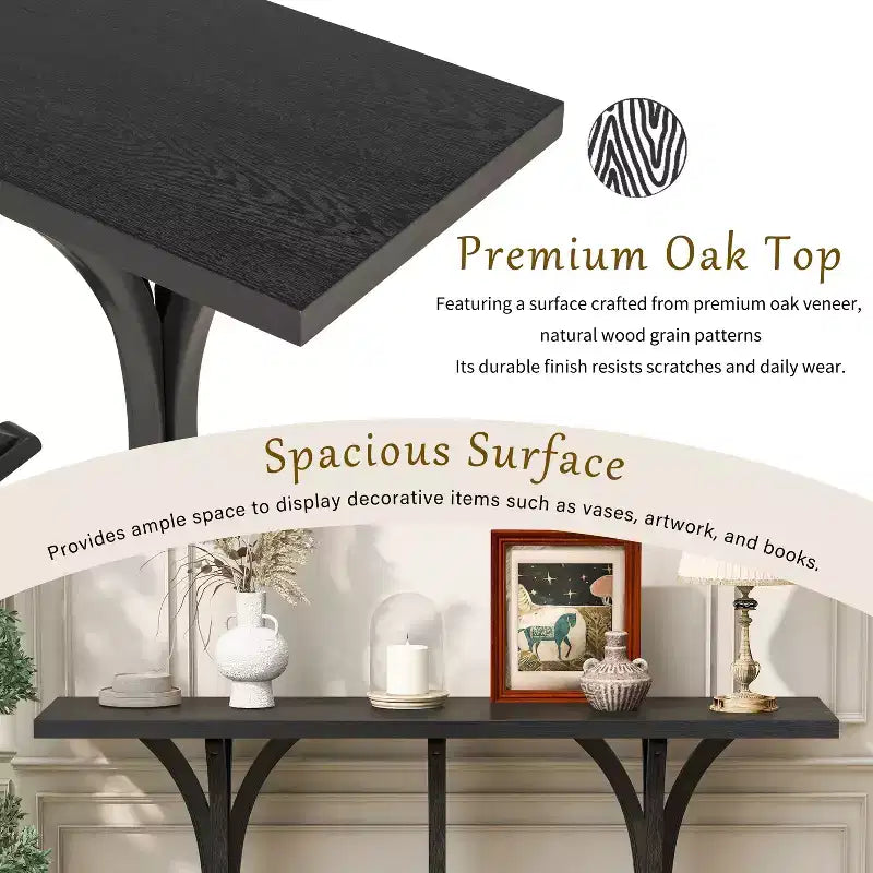 Table console en bois de 59,8 po avec plateau en placage de chêne, pieds incurvés en hévéa, noir