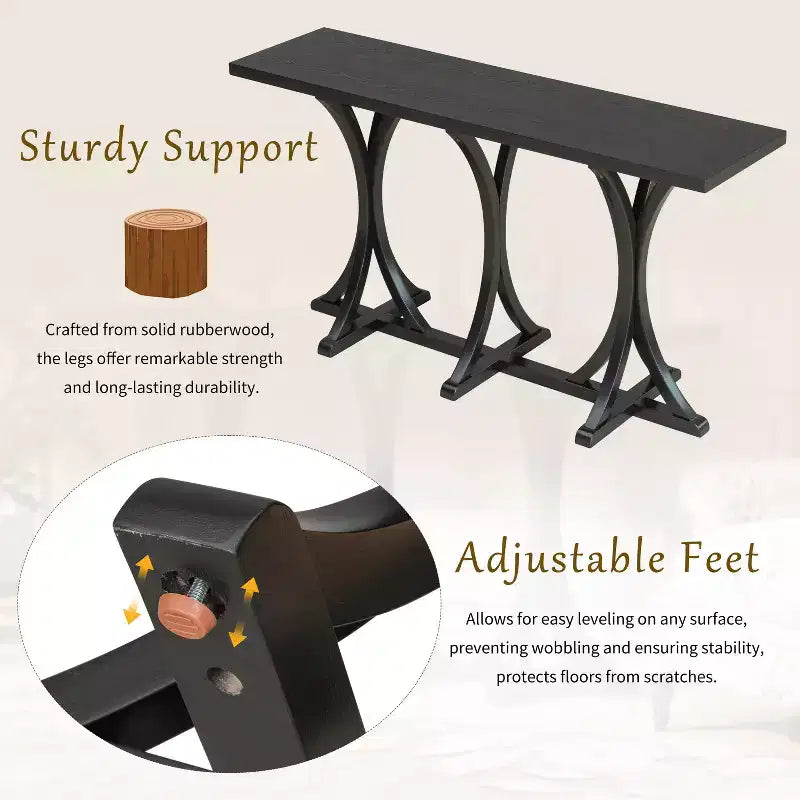 Table console en bois de 59,8 po avec plateau en placage de chêne, pieds incurvés en hévéa, noir