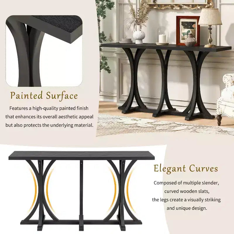 Table console en bois de 59,8 po avec plateau en placage de chêne, pieds incurvés en hévéa, noir