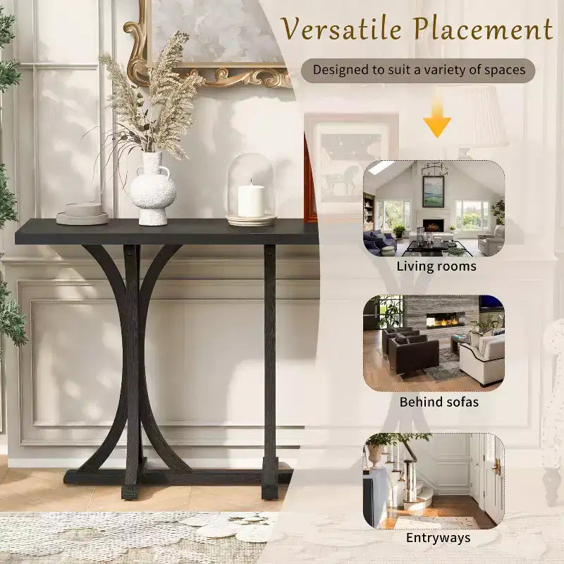 Table console en bois de 59,8 po avec plateau en placage de chêne, pieds incurvés en hévéa, noir