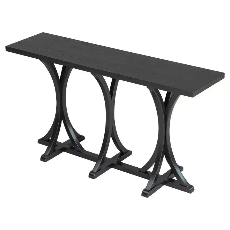 Table console en bois de 59,8 po avec plateau en placage de chêne, pieds incurvés en hévéa, noir