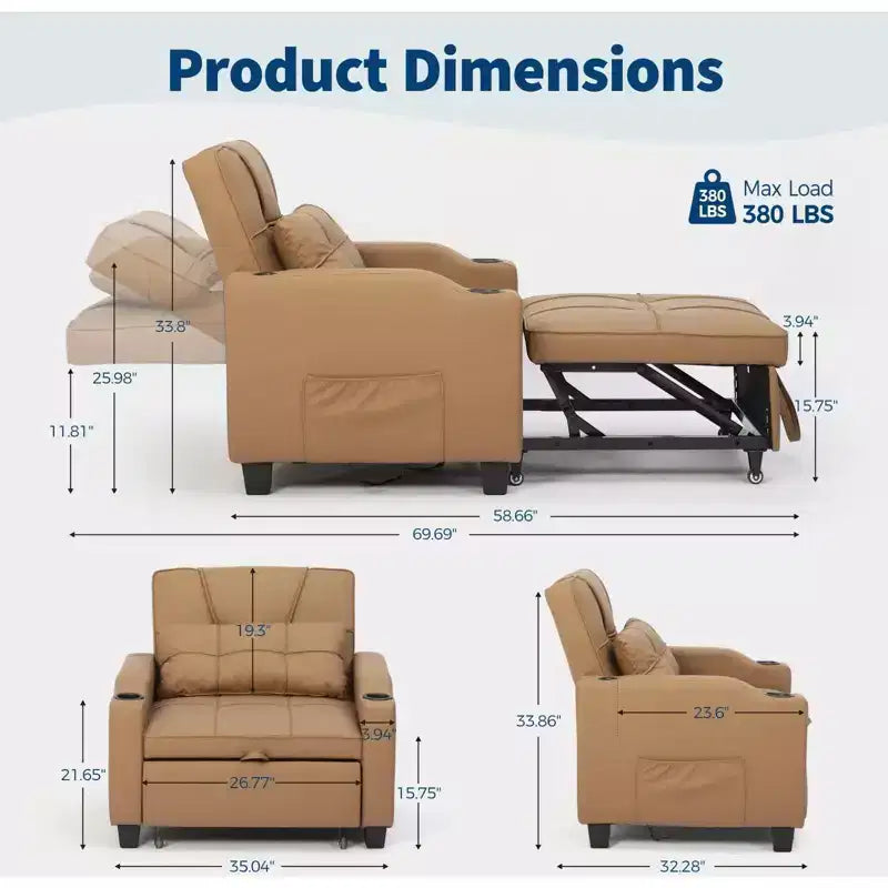 Canapé convertible 3 en 1 avec port USB et fonction massage, inclinable de 110 à 180°, porte-gobelets, poches latérales, capacité de 172 kg
