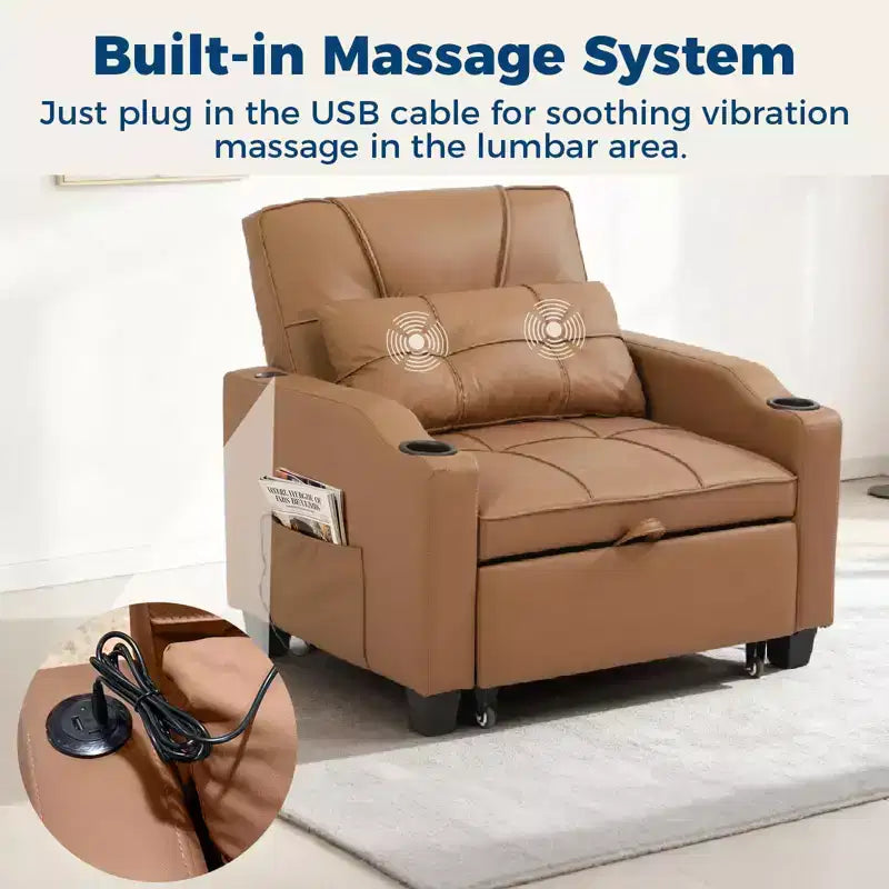 Canapé convertible 3 en 1 avec port USB et fonction massage, inclinable de 110 à 180°, porte-gobelets, poches latérales, capacité de 172 kg