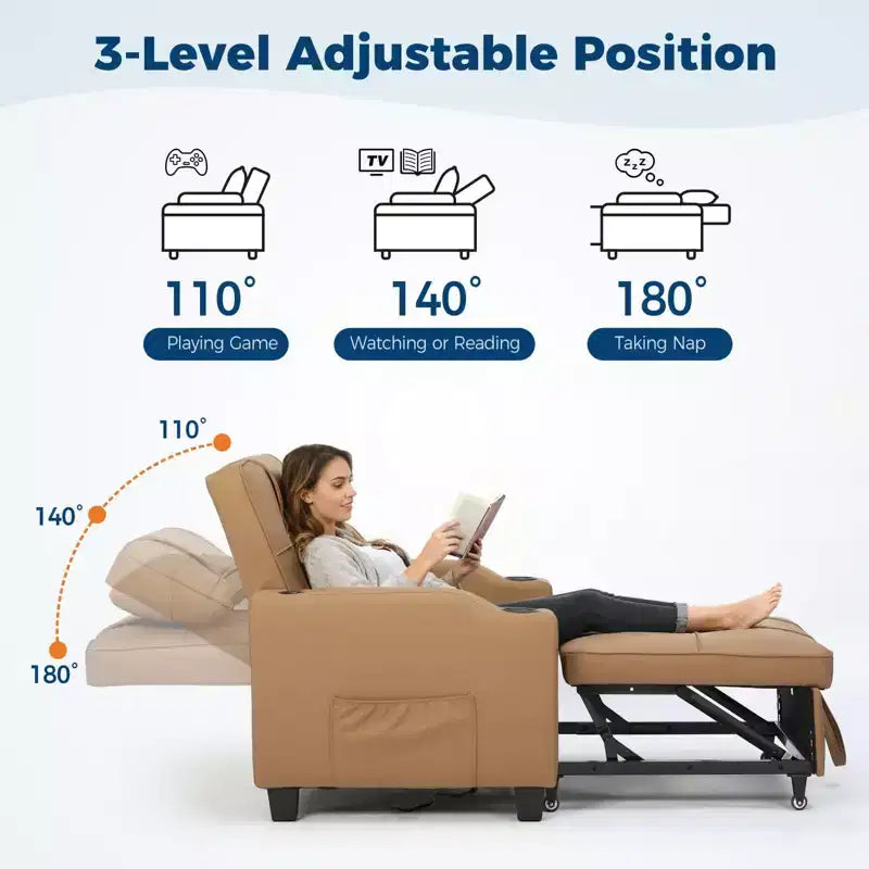 Canapé convertible 3 en 1 avec port USB et fonction massage, inclinable de 110 à 180°, porte-gobelets, poches latérales, capacité de 172 kg