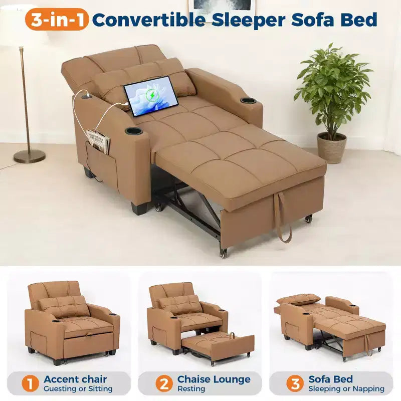 Canapé convertible 3 en 1 avec port USB et fonction massage, inclinable de 110 à 180°, porte-gobelets, poches latérales, capacité de 172 kg