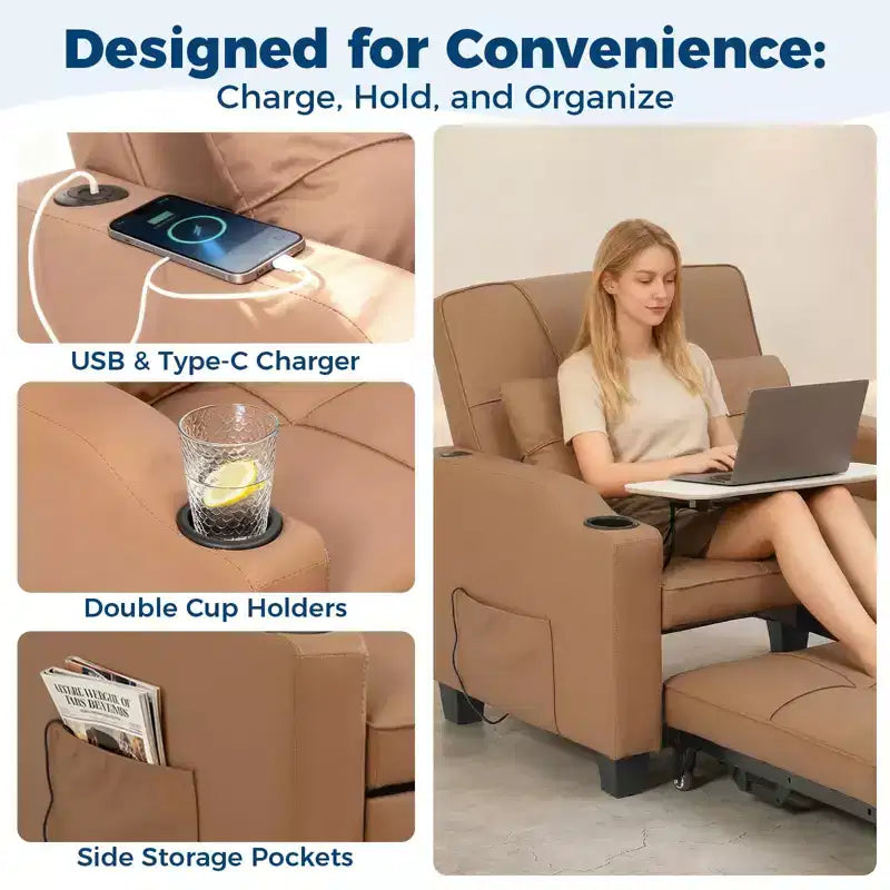 Canapé convertible 3 en 1 avec port USB et fonction massage, inclinable de 110 à 180°, porte-gobelets, poches latérales, capacité de 172 kg