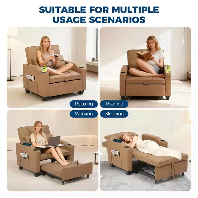 Canapé convertible 3 en 1 avec port USB et fonction massage, inclinable de 110 à 180°, porte-gobelets, poches latérales, capacité de 172 kg