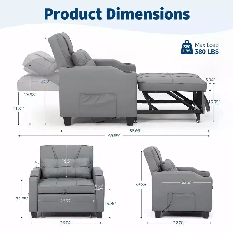 Canapé convertible 3 en 1 avec port USB et fonction massage, inclinable de 110 à 180°, porte-gobelets, poches latérales, capacité de 172 kg