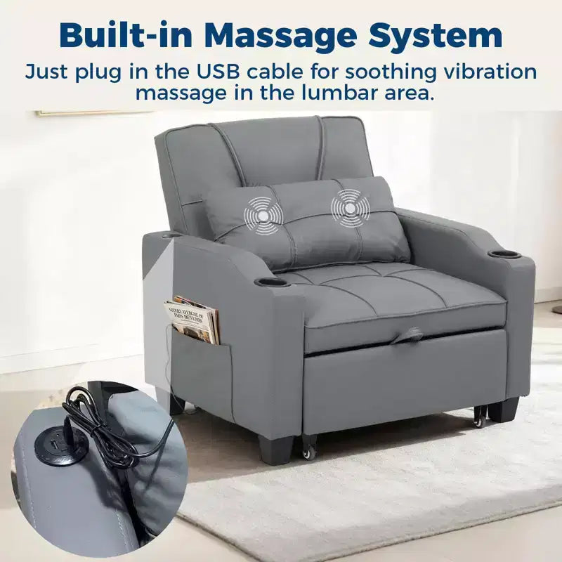 Canapé convertible 3 en 1 avec port USB et fonction massage, inclinable de 110 à 180°, porte-gobelets, poches latérales, capacité de 172 kg