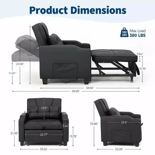 Canapé convertible 3 en 1 avec port USB et fonction massage, inclinable de 110 à 180°, porte-gobelets, poches latérales, capacité de 172 kg
