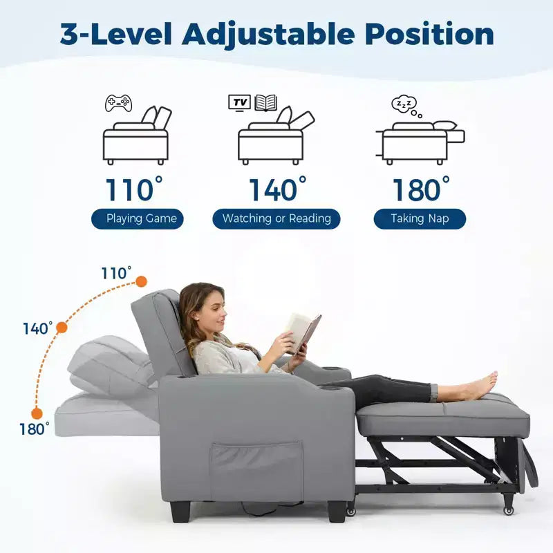 Canapé convertible 3 en 1 avec port USB et fonction massage, inclinable de 110 à 180°, porte-gobelets, poches latérales, capacité de 172 kg