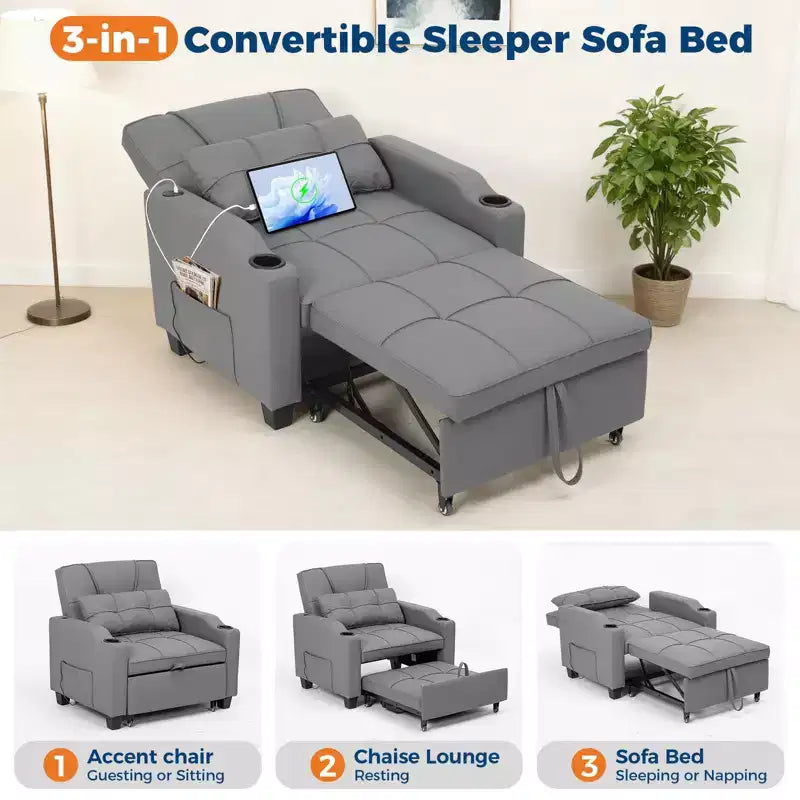 Canapé convertible 3 en 1 avec port USB et fonction massage, inclinable de 110 à 180°, porte-gobelets, poches latérales, capacité de 172 kg