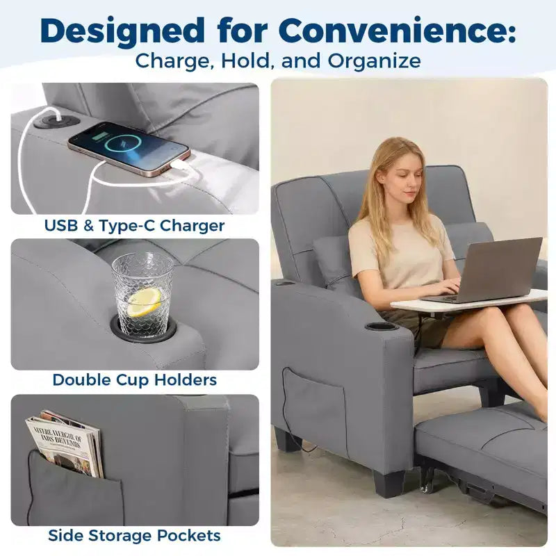 Canapé convertible 3 en 1 avec port USB et fonction massage, inclinable de 110 à 180°, porte-gobelets, poches latérales, capacité de 172 kg