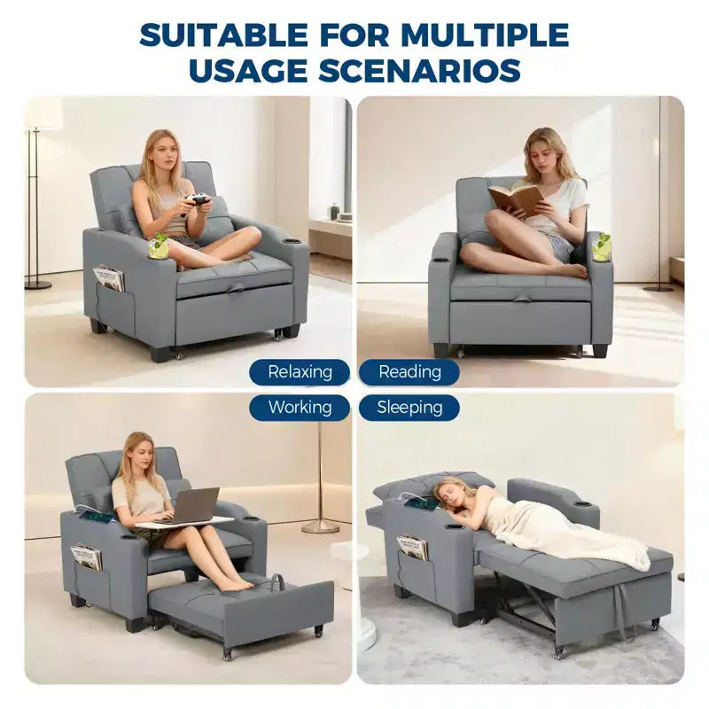 Canapé convertible 3 en 1 avec port USB et fonction massage, inclinable de 110 à 180°, porte-gobelets, poches latérales, capacité de 172 kg