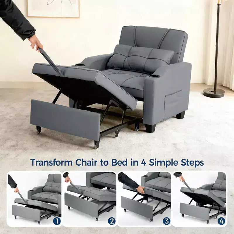 Canapé convertible 3 en 1 avec port USB et fonction massage, inclinable de 110 à 180°, porte-gobelets, poches latérales, capacité de 172 kg