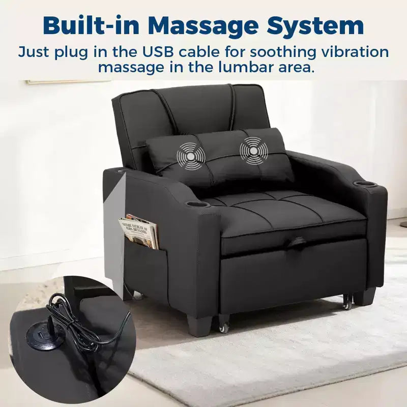 Canapé convertible 3 en 1 avec port USB et fonction massage, inclinable de 110 à 180°, porte-gobelets, poches latérales, capacité de 172 kg