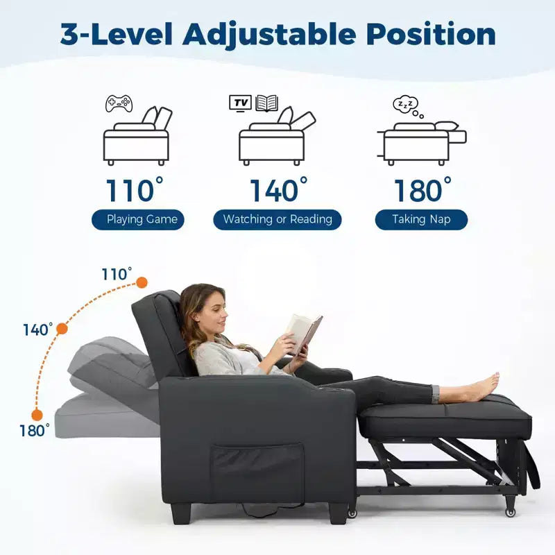 Canapé convertible 3 en 1 avec port USB et fonction massage, inclinable de 110 à 180°, porte-gobelets, poches latérales, capacité de 172 kg