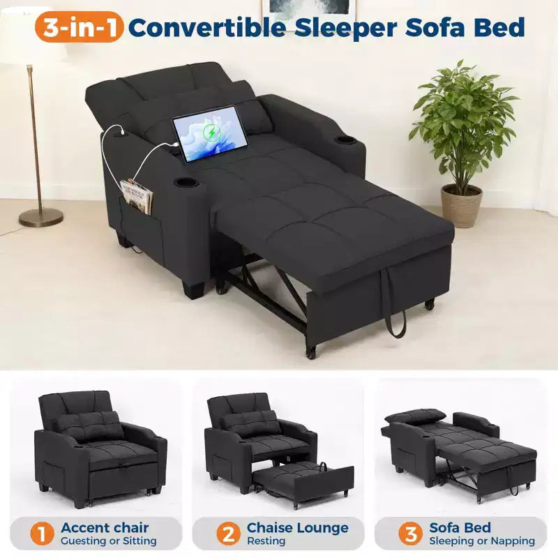 Canapé convertible 3 en 1 avec port USB et fonction massage, inclinable de 110 à 180°, porte-gobelets, poches latérales, capacité de 172 kg