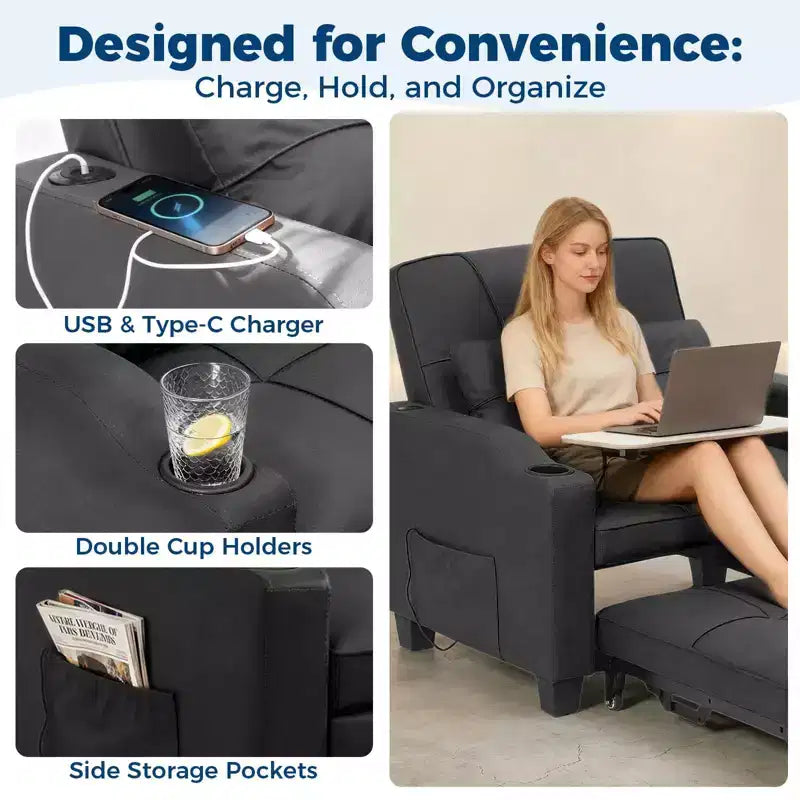 Canapé convertible 3 en 1 avec port USB et fonction massage, inclinable de 110 à 180°, porte-gobelets, poches latérales, capacité de 172 kg