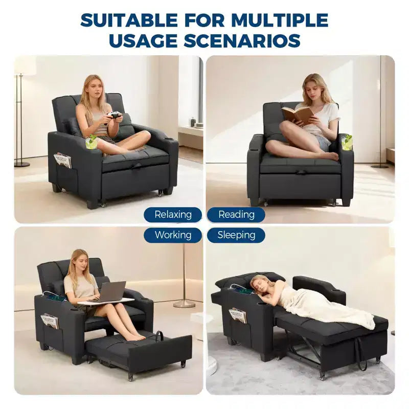 Canapé convertible 3 en 1 avec port USB et fonction massage, inclinable de 110 à 180°, porte-gobelets, poches latérales, capacité de 172 kg