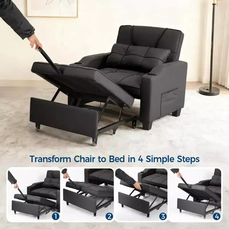 Canapé convertible 3 en 1 avec port USB et fonction massage, inclinable de 110 à 180°, porte-gobelets, poches latérales, capacité de 172 kg