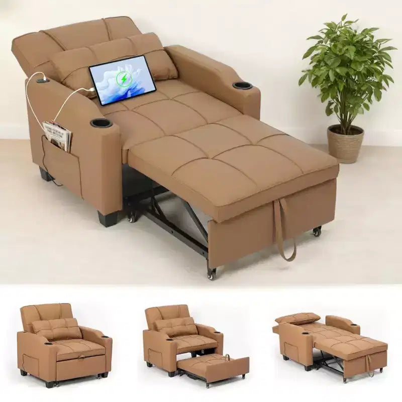 Canapé convertible 3 en 1 avec port USB et fonction massage, inclinable de 110 à 180°, porte-gobelets, poches latérales, capacité de 172 kg