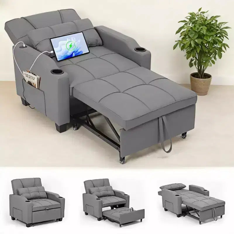Canapé convertible 3 en 1 avec port USB et fonction massage, inclinable de 110 à 180°, porte-gobelets, poches latérales, capacité de 172 kg