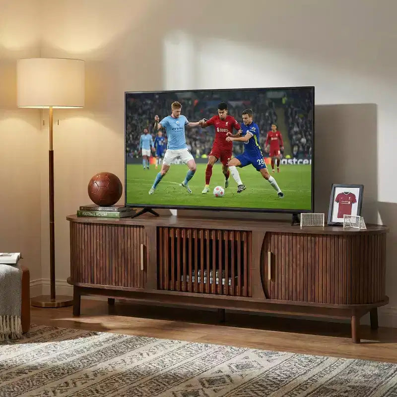 Meuble TV de style ferme moderne pour téléviseurs de 75 pouces, meuble de divertissement en bois avec placard de rangement, console TV pour salon