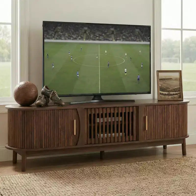 Meuble TV de style ferme moderne pour téléviseurs de 75 pouces, meuble de divertissement en bois avec placard de rangement, console TV pour salon