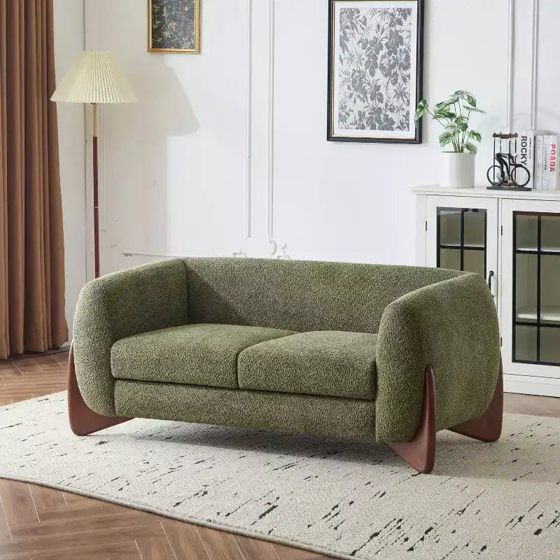 Causeuse en tissu bouclé de 160 cm, vert, pieds en bois de bouleau