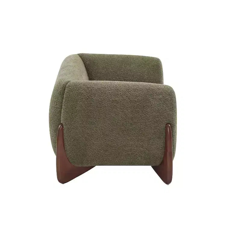 Causeuse en tissu bouclé de 160 cm, vert, pieds en bois de bouleau