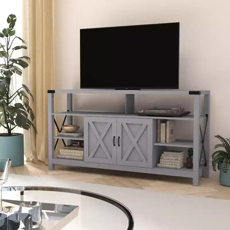 Meuble TV rustique de style campagnard avec rangements ouverts et fermés, meuble TV porte de grange
