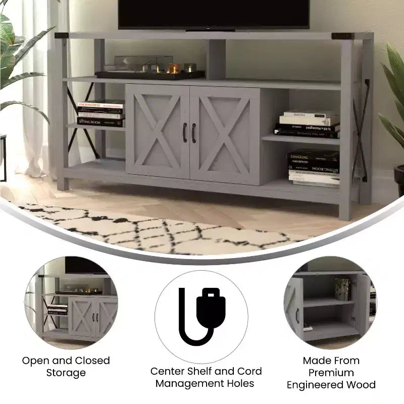 Meuble TV rustique de style campagnard avec rangements ouverts et fermés, meuble TV porte de grange