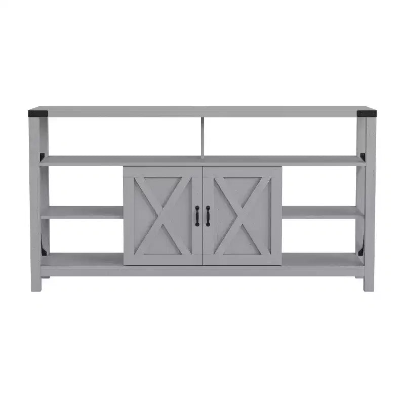Meuble TV rustique de style campagnard avec rangements ouverts et fermés, meuble TV porte de grange