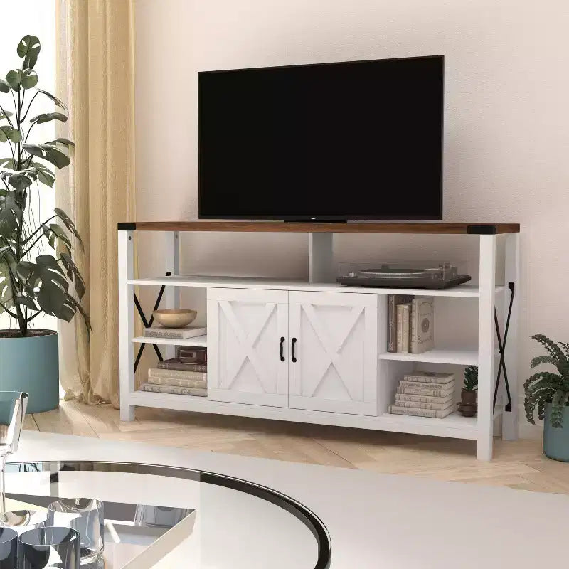 Meuble TV rustique de style campagnard avec rangements ouverts et fermés, meuble TV porte de grange